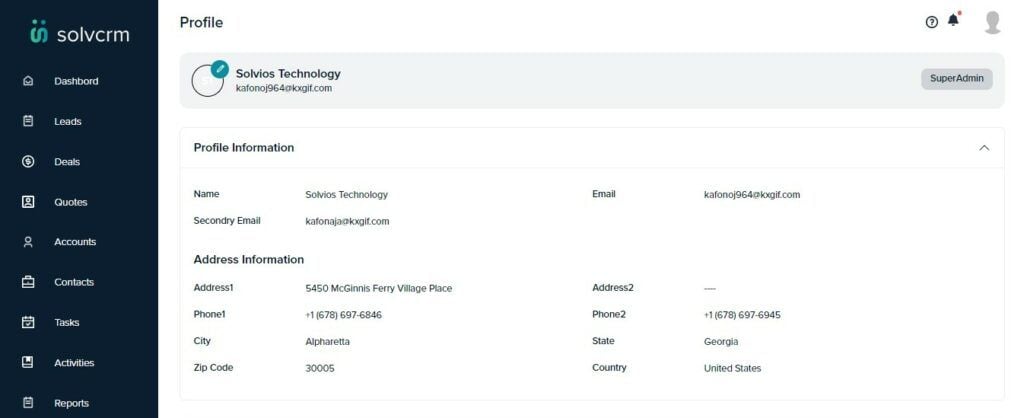 SolvCRM Profile Creation Menu