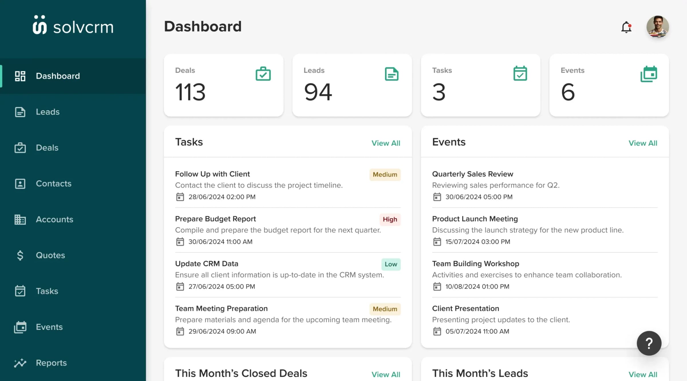 SolvCRM Dashboard Mockup